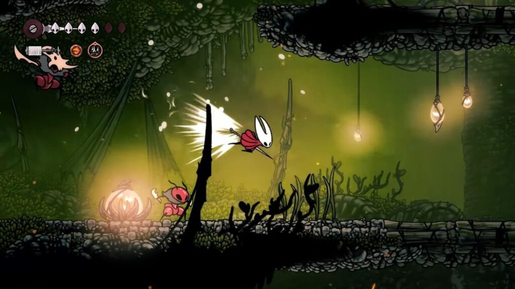 Gameplay from Hollow Knight Silksong showing Hornet in a hand-drawn underground environment