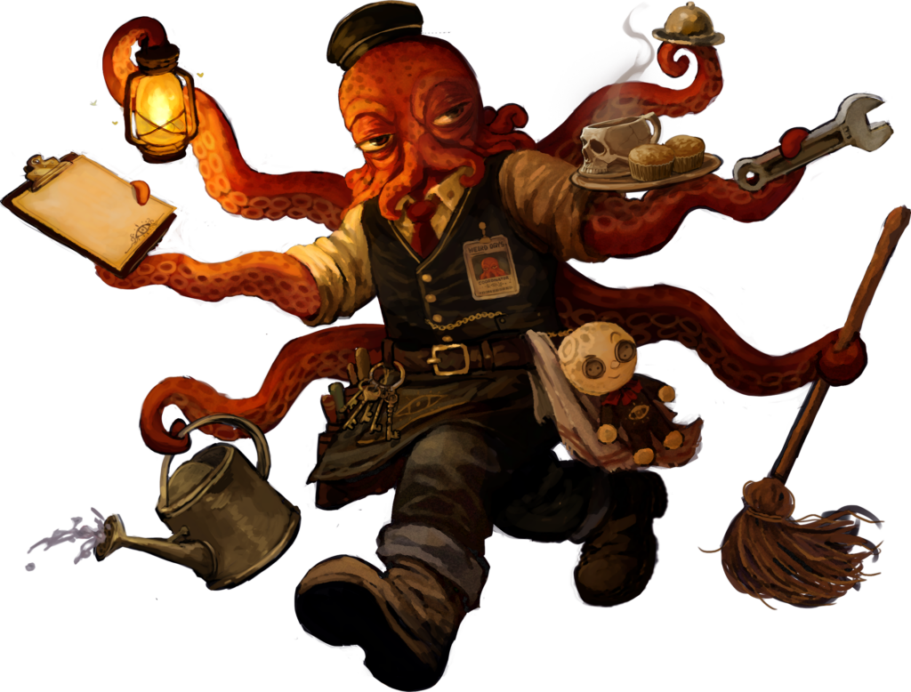 Illustrated octopus-headed character in a waistcoat juggling many tentacles, each holding tools including a lantern, clipboard, watering can, wrench, tray of muffins, hat, doll and broom