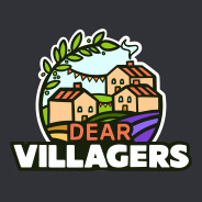 Dear Villagers logo featuring houses, olive branch, and stylized village buildings in warm tones