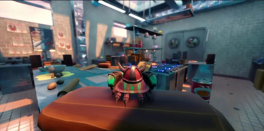 Video game screenshot of a horned, insect-like creature wearing a helmet, standing in a cluttered workshop