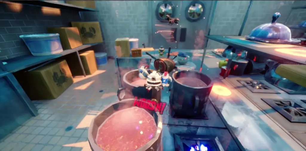 Video game kitchen scene with bubbling pink cauldrons on stoves and a "WOOSH!" sound effect graphic, crab-marked crates on shelves