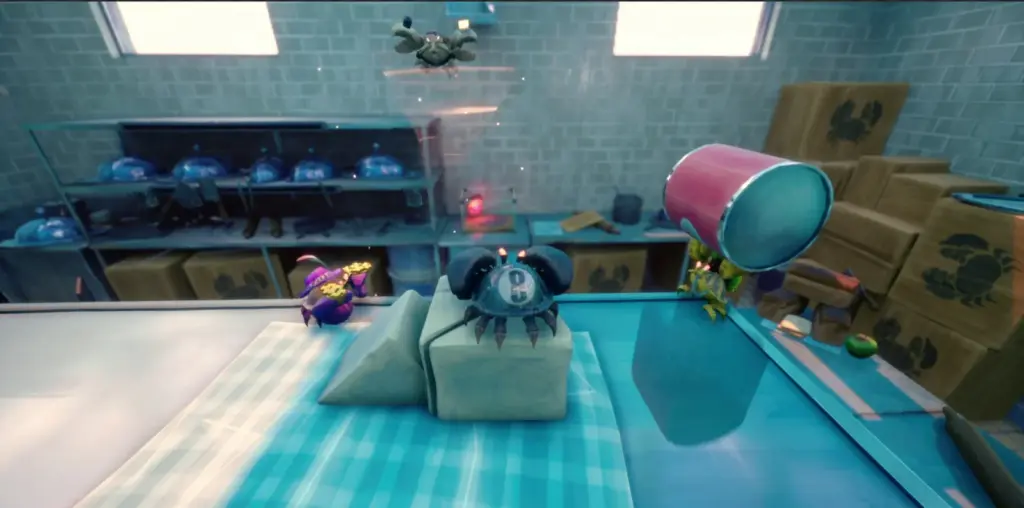 Video game scene showing crab-like creatures on a reflective blue surface, a hovering robotic drone, and crates marked with a crab symbol in a tiled room
