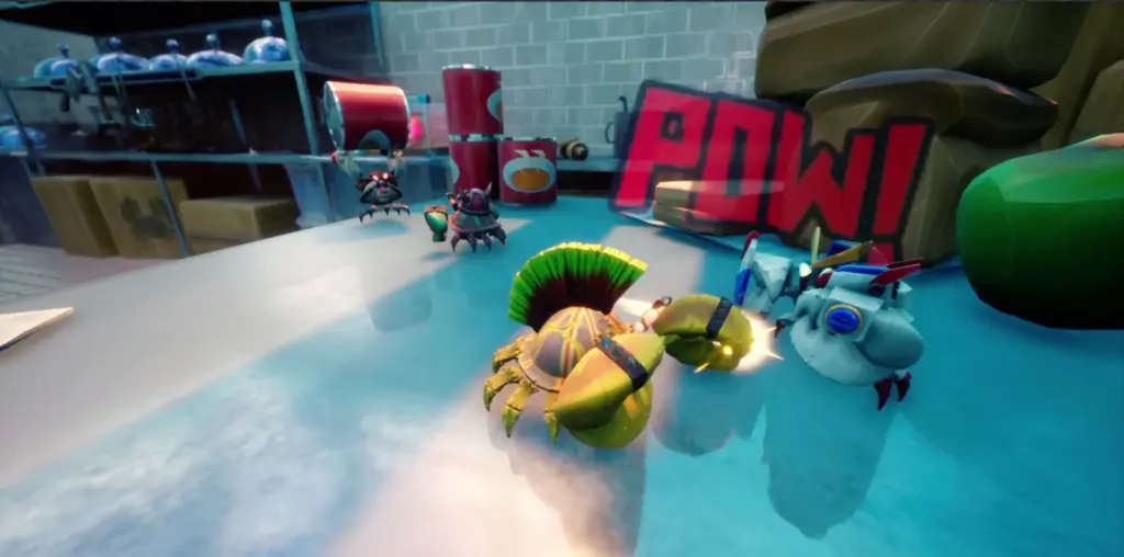 Video game screenshot showing a crab-like character with a green mohawk battling toy robots on a kitchen worktop, with a comic-style "POW!" sign in the background