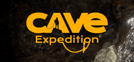 Cave Expedition logo featuring yellow text with silhouetted cave explorer against dark rocky background