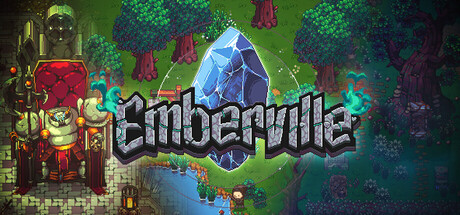 Emberville game logo featuring fantasy forest landscape with crystal and characters