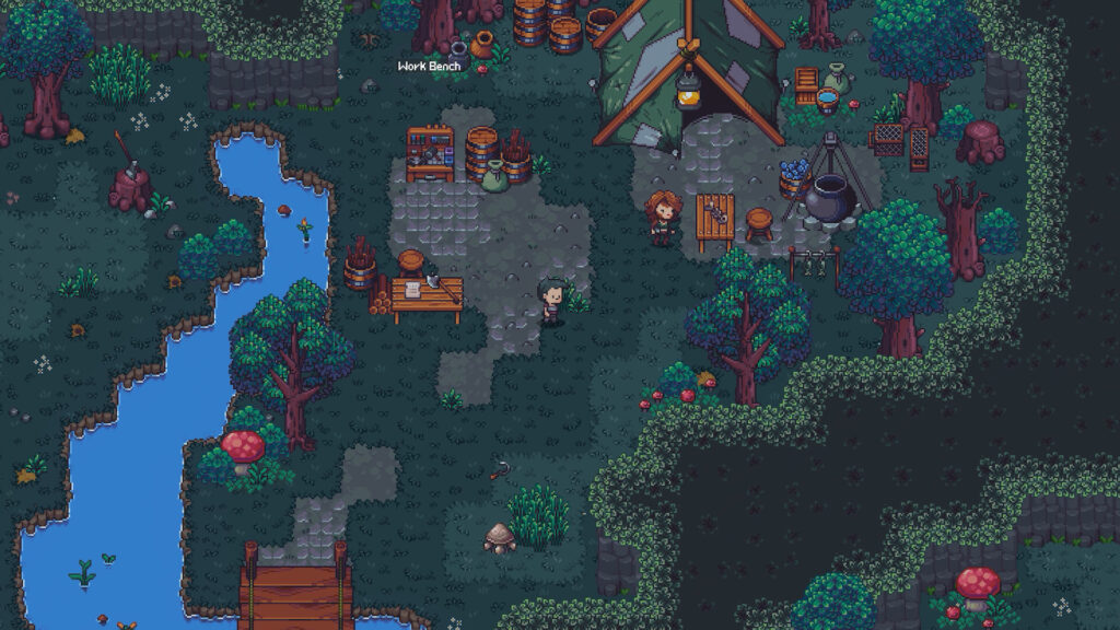 Pixel art top-down view of a fantasy settlement with buildings, forest, and blue water