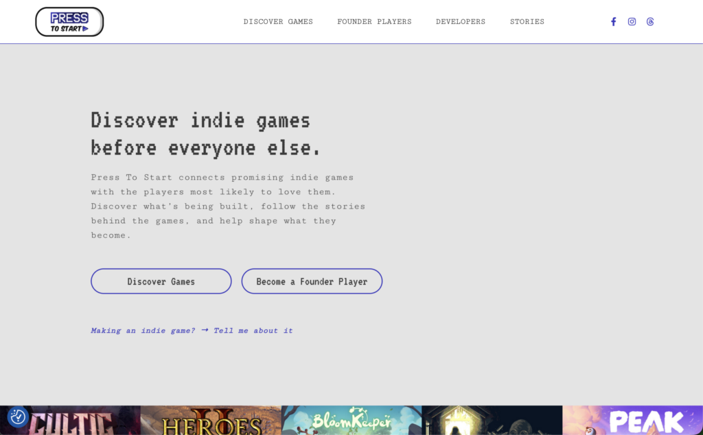 Press to Start home page