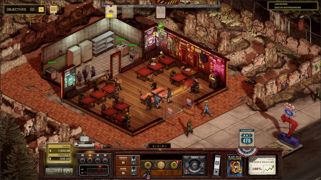 Gameplay screenshot of Midwest 90: Rapid City showing a roadhouse diner with customers, staff, and a management UI tracking cash, traps, and popularity amid a overgrown, apocalyptic landscape outside