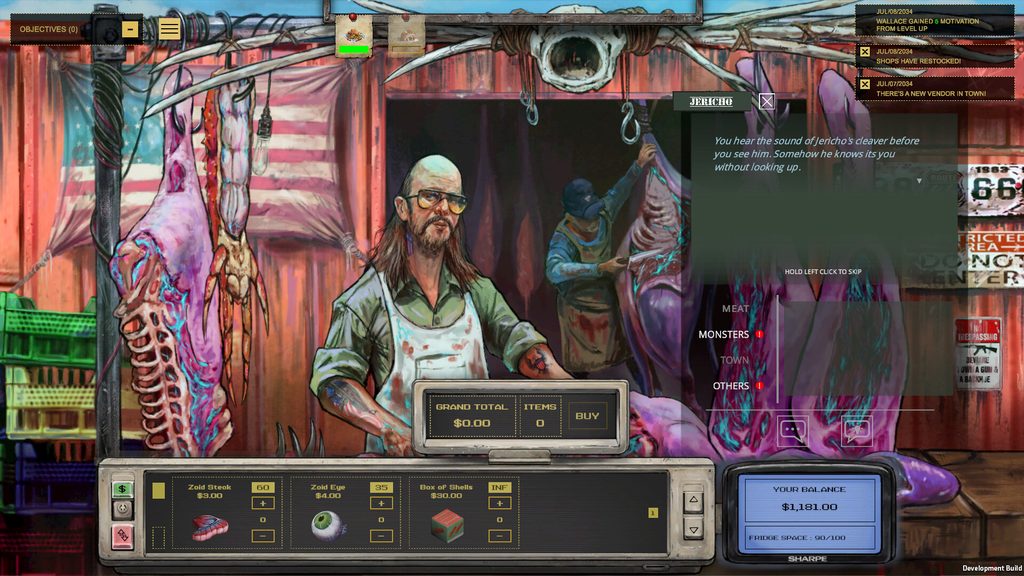 Screenshot of Midwest 90: Rapid City showing the vendor Jericho in his meat shop, with dialogue and a shop menu selling monster meat items like Zoid Steak and Zoid Eye