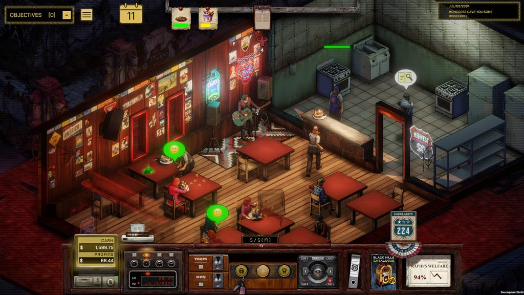 Screenshot of Midwest 90: Rapid City showing the roadhouse diner interior with customers, staff, a live musician, kitchen, and management UI tracking cash, popularity, and town welfare