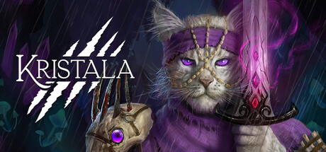 Kristala game logo featuring mystical cat character with purple magical aura and claws