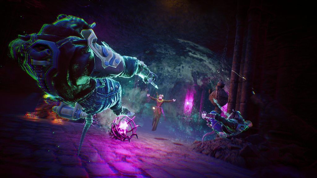 Futuristic sci-fi scene with glowing neon machinery, floating figures, and magical pink energy in dark cavern